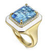 Gabriel 14K Yellow Gold Diamond and Blue Topaz Emerald Cut Ladies Ring with Flower Pattern J-Back and White Enamel LR52520E9Y45BT