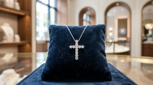 A luxury diamond cross necklace in 14k white gold displayed on a white velvet cushion in a showroom.