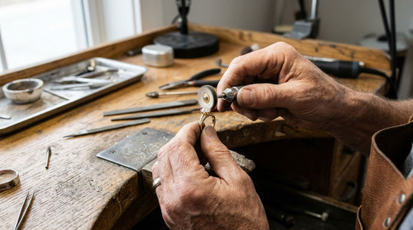 A master jeweler carefully polishes a custom 14k yellow gold engagement ring at a professional workbench.