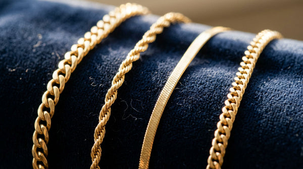A collection of various gold chains for women showing different link styles like Cuban and Rope links.