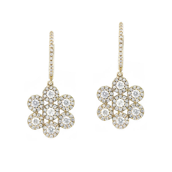 14K Yellow Gold Flower Design Drop Diamond Earrings