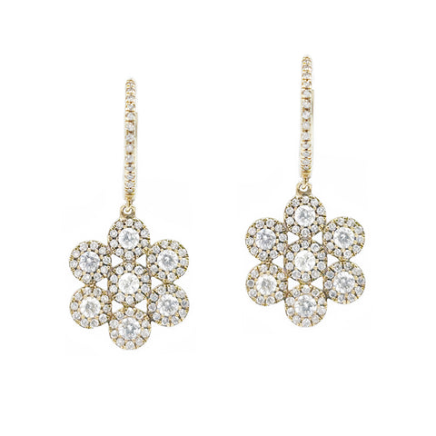 14K Yellow Gold Flower Design Drop Diamond Earrings