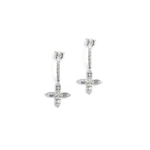 14K White Gold Diamond Cross Drop Earrings