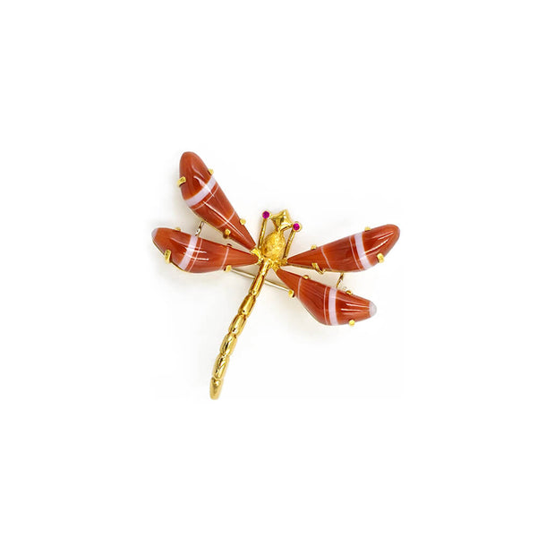 18K Yellow Gold Agate Butterfly Brooch