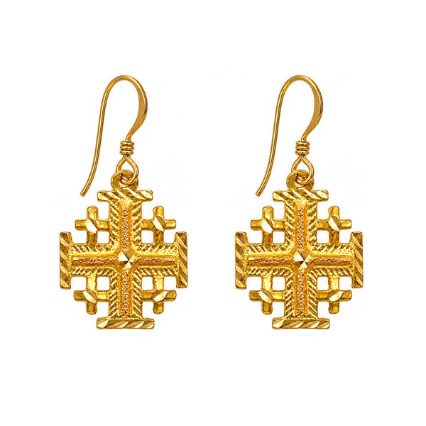 18K Yellow Gold Cross Drop Earrings