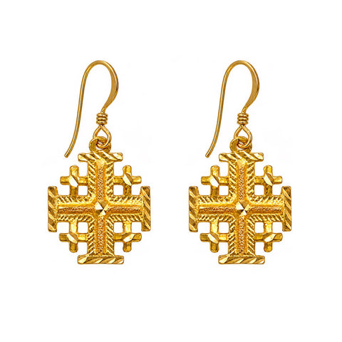 18K Yellow Gold Cross Drop Earrings