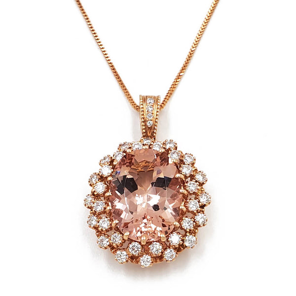 14K Rose Gold Morganite and Diamond Pendant Necklace
