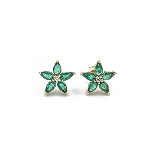 14K Yellow Gold Emerald and Diamond Stud Earrings