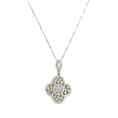 18K White Gold and Yellow Gold Flower Design Diamond Pendant Necklace