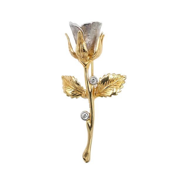 14K Yellow & White Gold Diamond Rose Brooch, 9.0g