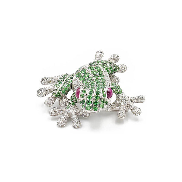 Estate 18K White Gold "Cellini" Tsavorite Garnet, Ruby, and Diamond Frog Brooch