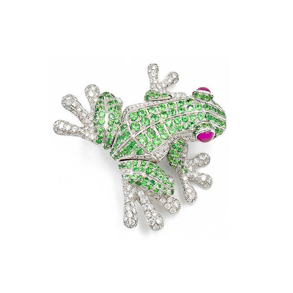 Estate 18K White Gold "Cellini" Tsavorite Garnet, Ruby, and Diamond Frog Brooch