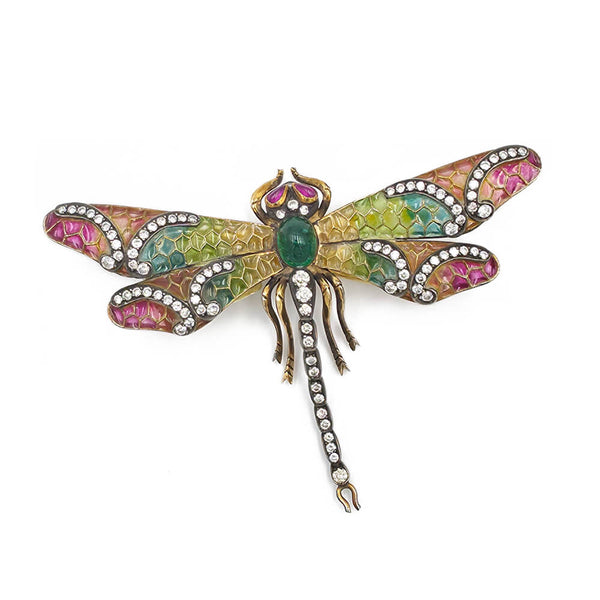 Estate Vintage Diamond & Gemstone Dragonfly Brooch