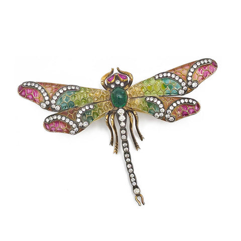 Estate Vintage Diamond & Gemstone Dragonfly Brooch