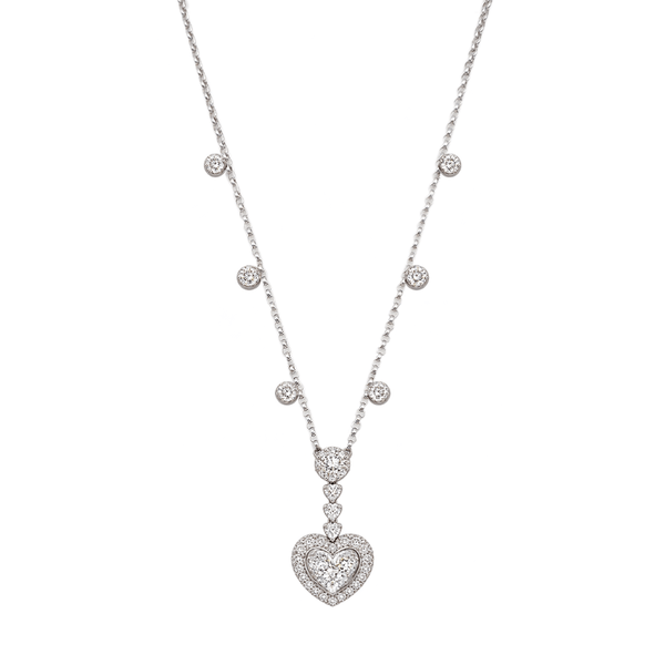 18K White Gold Diamond Heart Station Necklace