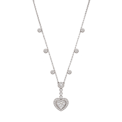 18K White Gold Diamond Heart Station Necklace