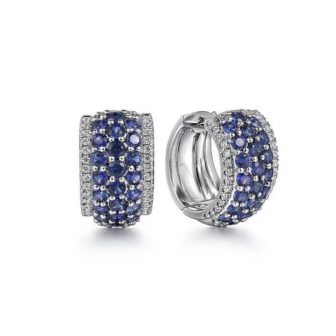 Gabriel 14K White Gold Wide Diamond and Blue Sapphire Huggie Earrings EG14837W45SA