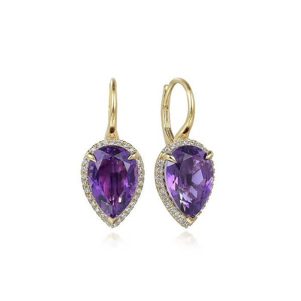 Gabriel 14K Yellow Gold Diamond and Flat Pear Shape Amethyst Earring With Flower Pattern J-Back EG14981Y45AM