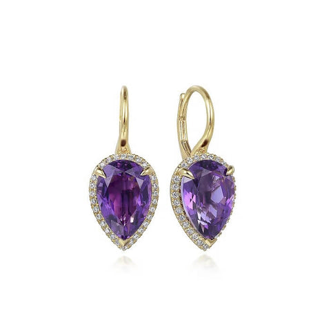 Gabriel 14K Yellow Gold Diamond and Flat Pear Shape Amethyst Earring With Flower Pattern J-Back EG14981Y45AM