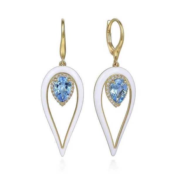 Gabriel Enamel - 14K Yellow Gold Diamond and Blue Topaz Long Pear Shape Drop Earring with White Enamel EG14988E9Y45BT