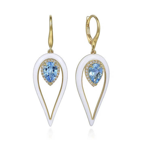 Gabriel Enamel - 14K Yellow Gold Diamond and Blue Topaz Long Pear Shape Drop Earring with White Enamel EG14988E9Y45BT