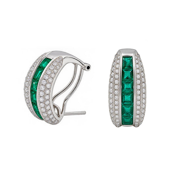 18K White Gold Diamond Emerald Earrings