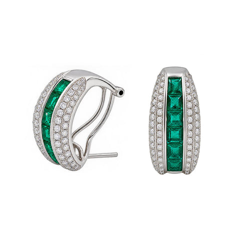 18K White Gold Diamond Emerald Earrings