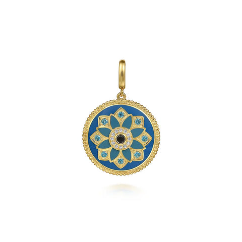 Gabriel 14K Yellow Gold 24mm Diamond Blue Sapphire and Blue Topaz Bujukan Multicolor Enamel Medallion Pendant PT6649EMY45MC