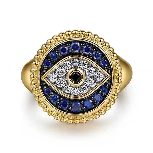 Gabriel 14K Yellow Gold Bujukan Diamond and Multi Stones Evil Eye Signet Ring LR52773Y45MC