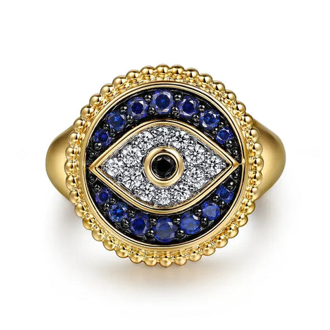 Gabriel 14K Yellow Gold Bujukan Diamond and Multi Stones Evil Eye Signet Ring LR52773Y45MC