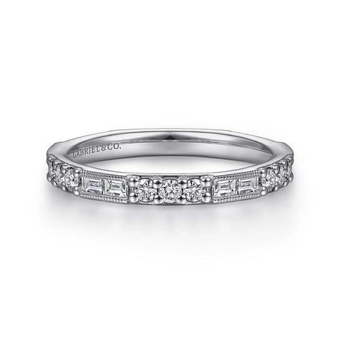 Gabriel 14K White Gold Baguette and Round Diamond Stackable Ring LR4572W44JJ