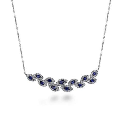 Gabriel 14K White Gold Diamond and Blue Sapphire Floral Bar Necklace NK7255W45SA