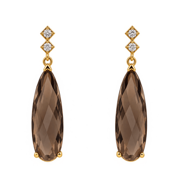 Estate 14K Yellow Gold Smoky Quartz Diamond Drop Earrings