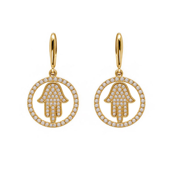 14K Yellow Gold Small Hamsa Hand of God Diamond Drop Earrings