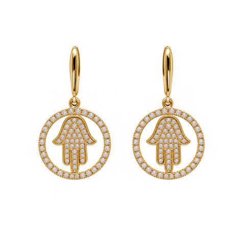 14K Yellow Gold Small Hamsa Hand of God Diamond Drop Earrings
