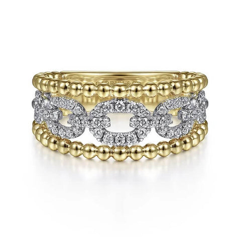 Gabriel 14K White-Yellow Gold Pave Diamond Link and Bujukan Bead Ring LR51783M45JJ