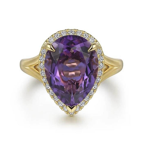 Gabriel 14K Yellow Gold Diamond and Flat Pear Shape Amethyst Ladies Ring With Flower Pattern Gallery LR52485Y45AM