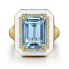 Gabriel 14K Yellow Gold Diamond and Blue Topaz Emerald Cut Ladies Ring with Flower Pattern J-Back and White Enamel LR52520E9Y45BT