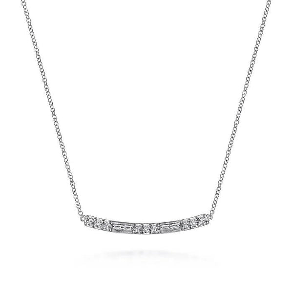 Gabriel 14K White Gold Round and Baguette Diamond Curved Bar Necklace NK5791W45JJ