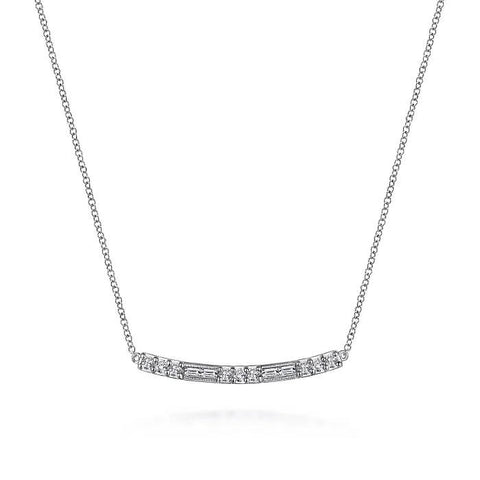 Gabriel 14K White Gold Round and Baguette Diamond Curved Bar Necklace NK5791W45JJ