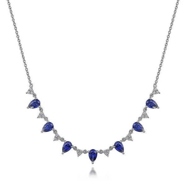 Gabriel 14K White Gold Diamond and Teardrop Blue Sapphire Station Necklace NK7249W45SA