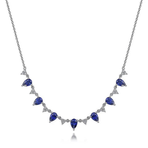 Gabriel 14K White Gold Diamond and Teardrop Blue Sapphire Station Necklace NK7249W45SA