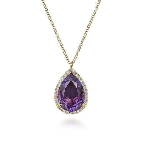 Gabriel 14K Yellow Gold Diamond and Flat Pear Shape Amethyst Necklace With Flower Pattern J-Back NK7460Y45AM