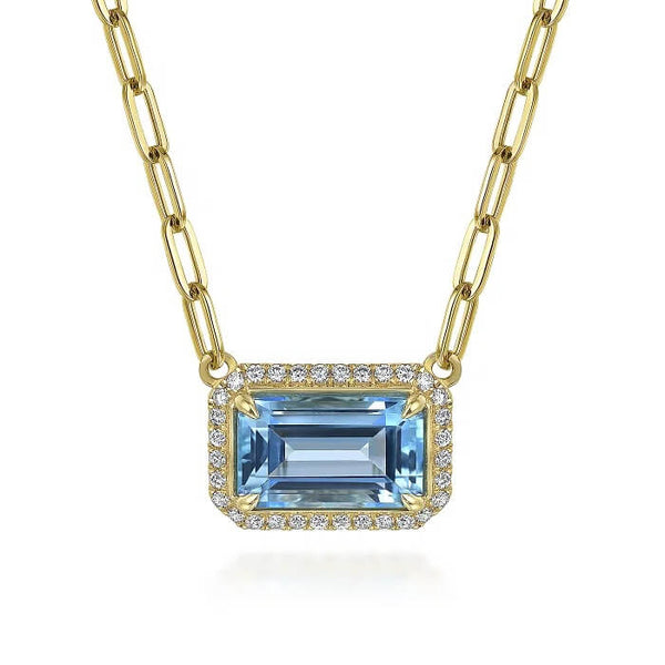 Gabriel 14K Yellow Gold Diamond and Blue Topaz Emerald Cut Necklace NK7468Y45BT