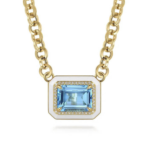 Gabriel 14K Yellow Gold Diamond and Blue Topaz Emerald Cut Necklace with Flower Pattern J-Back and White Enamel NK7471E9Y45BT