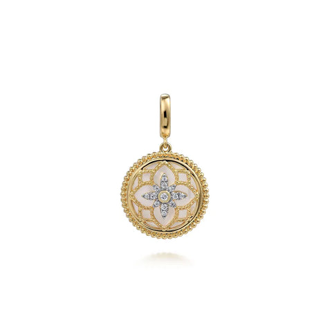 Gabriel Floral 14K Yellow Gold Bujukan Diamond and Mother of Pearl 18mm Medallion Pendant PT6615Y45WM