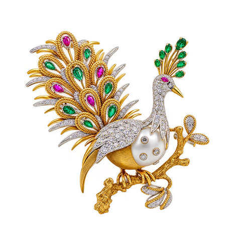 Estate Vintage 18K Yellow Gold & Platinum Diamond Gemstone Peacock Brooch