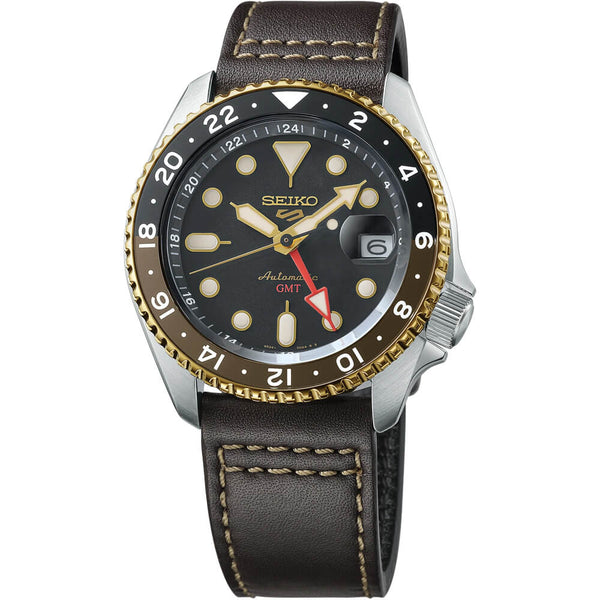 Seiko 5 Sports GMT Black Dial Brown Leather Strap Men's Watch SSK036