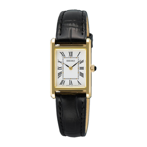 Seiko Gold-Tone White Dial Black Leather Strap Quartz Women's Watch SWR108