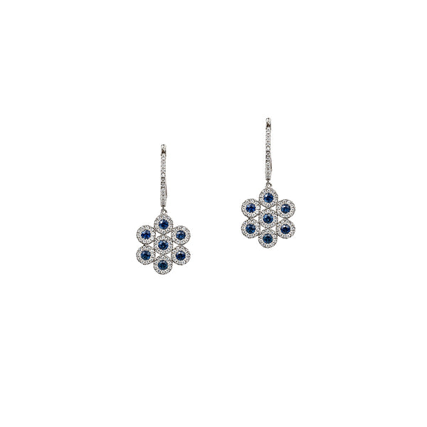 14K White Gold Flower Design Diamond and Sapphire Drop Earrings